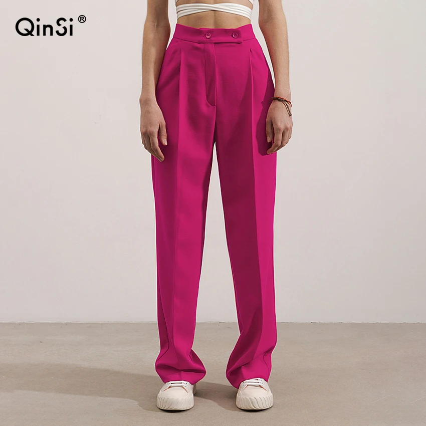 

QINSI Female Street Pleated Trouser Woman Clothing 2022 Autumn High Waist Fashion Pink Long Pants Casual Wide Leg Women'S Pants