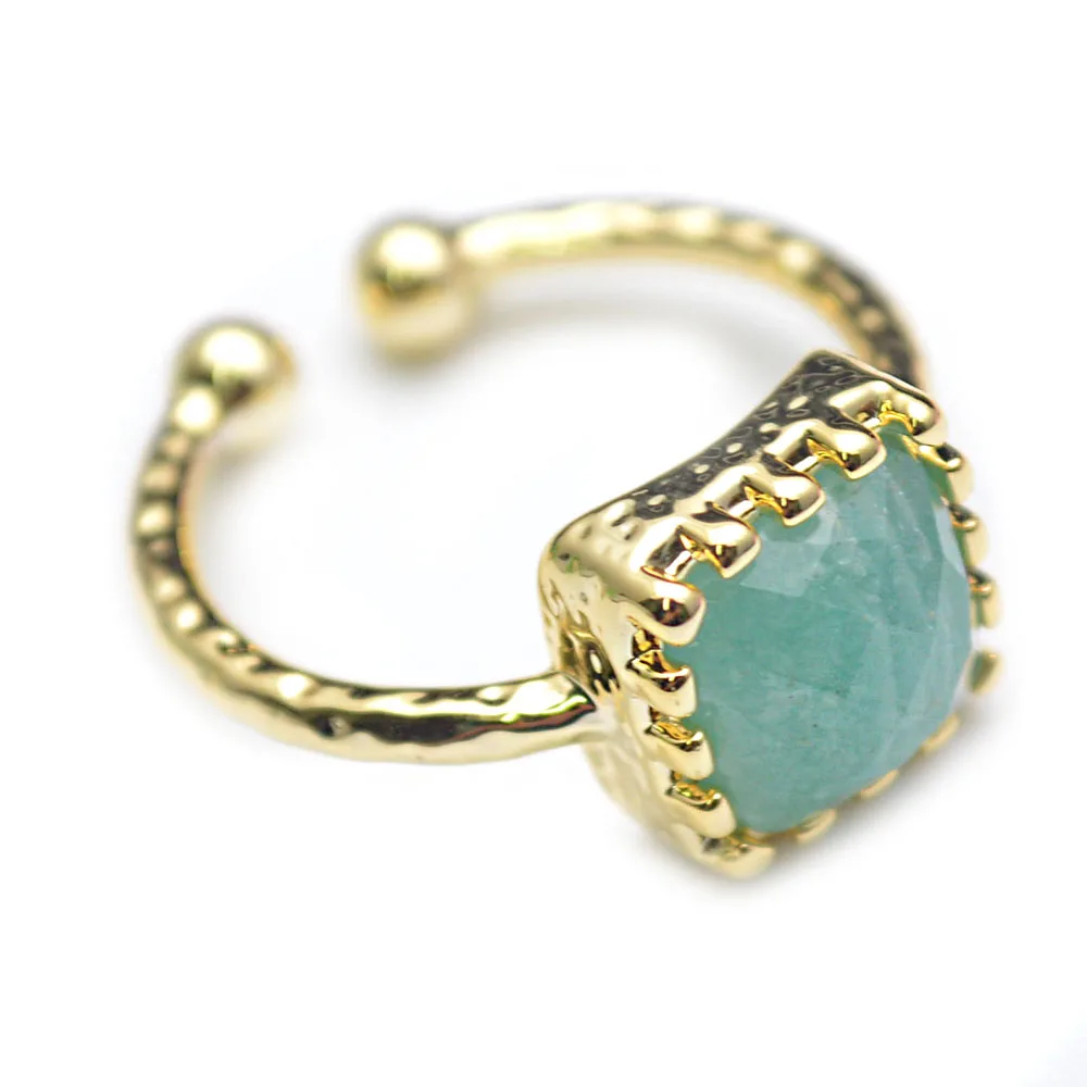 

Anti-rust 18K Gold plating Metal Circle Natural Amazontie Gemstone Rings Fashion Woman Party Jewelry