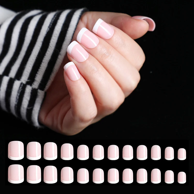 

24pcs Pink Nude White French Fake Nails Short Square False Press On Nails Artificial Fingernails For Women