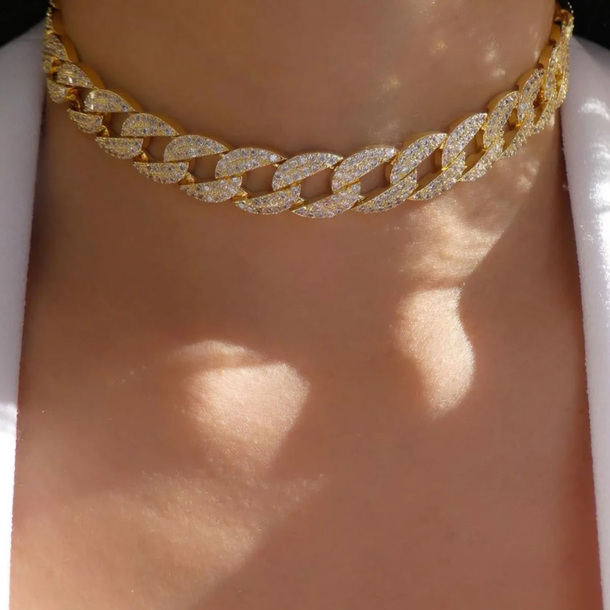 

Punk necklace Hip Hop Jewelry Gold Plated Cuban Link chain full diamond hip hop women necklace