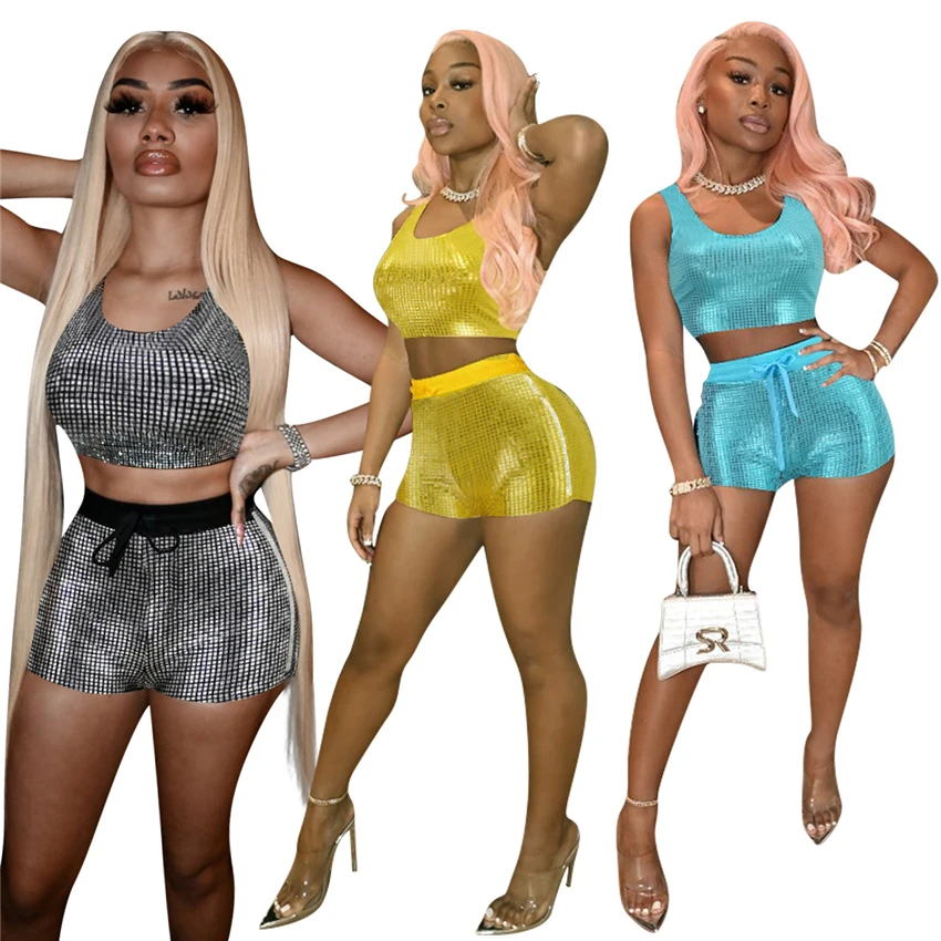 

Wholesale Best design Hot style women's sleeveless ironed brick casual two piece set nightclub dance costumes, Custom choose