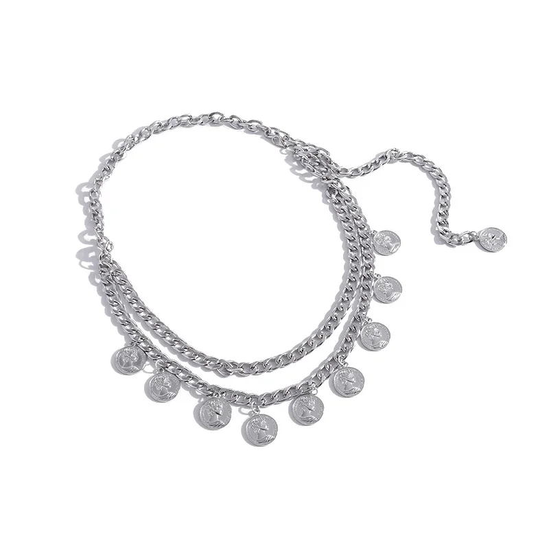 

High Quality Multilayer Stainless Steel Jean Pant Chain with Coin Charm Pendant Chunky Wallet Waist Belt Chain for Jeans Dresses, Picture shows