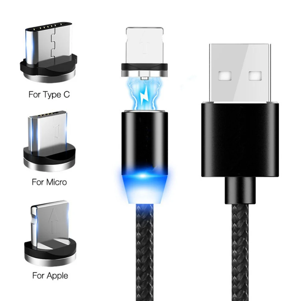 

Round Magnetic Phone Cable Micro IOS Type C Cell Phone Fast Charging Magnetic Usb Cable Wholesale on Stock 3 in 1 I phone cable, Black