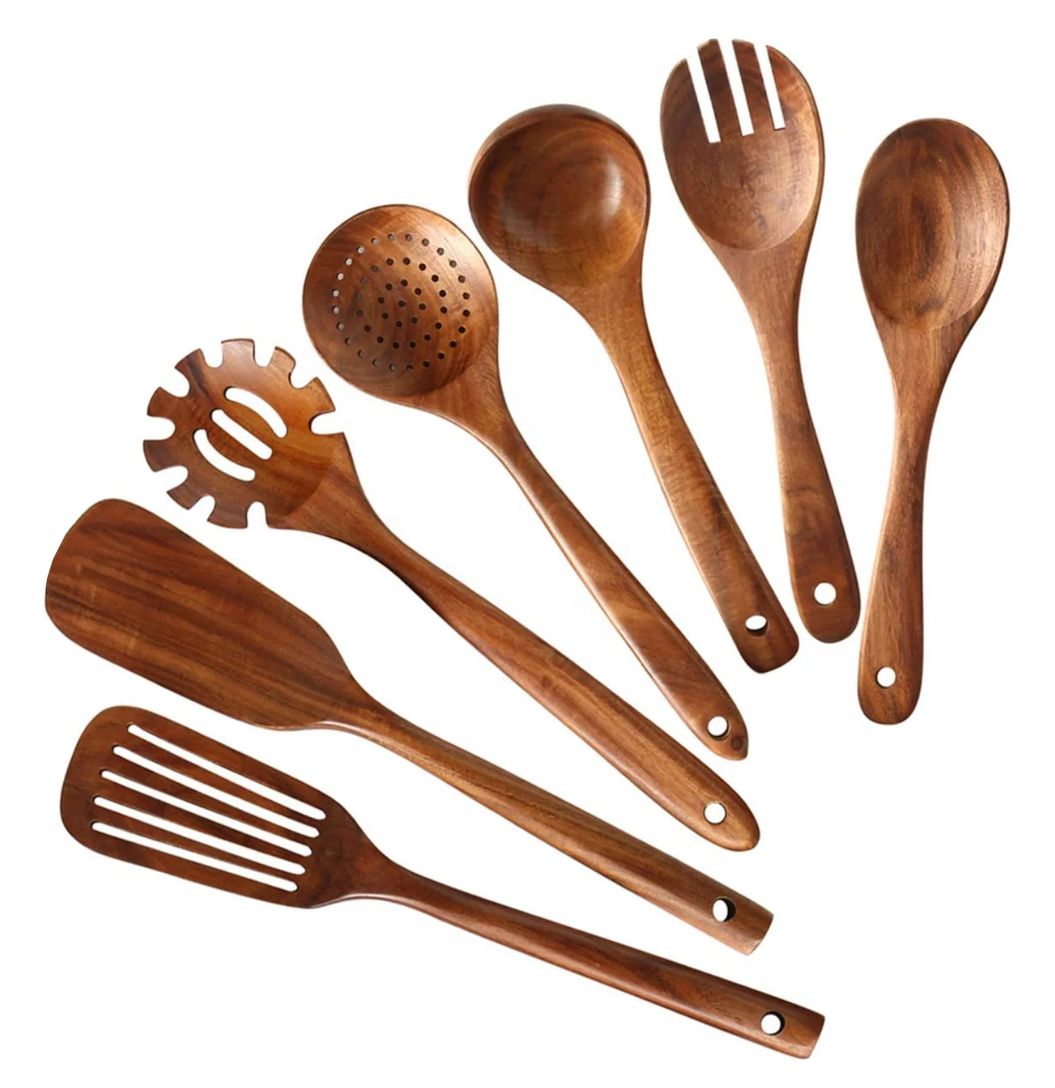 

Wooden Kitchen Utensil Set 7 Cooking Utensils Spatula Spoons for Cooking Nonstick Cookware, 100% Handmade by Natural Teak Wood