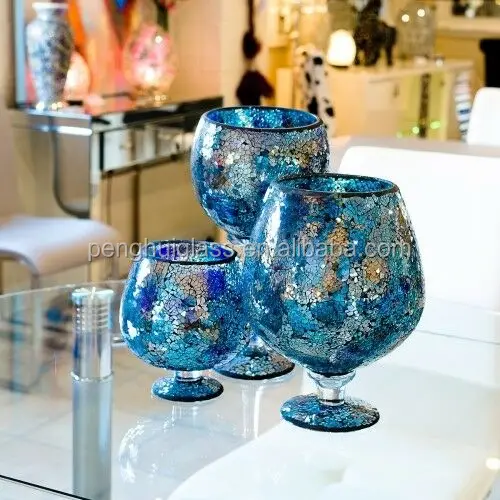 Hurricane Vase Blue Gold Candle Holder Tall Blue Mosaic Glass Goblet 