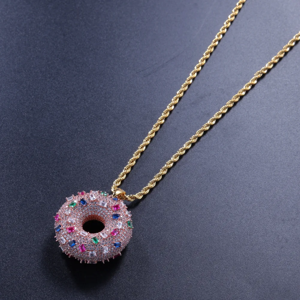 

New Hip Hop Pendant Necklace Zircon Doughnut Shape Colorful Women Gold Plated Necklaces For Men Gold Cuban Link Chain