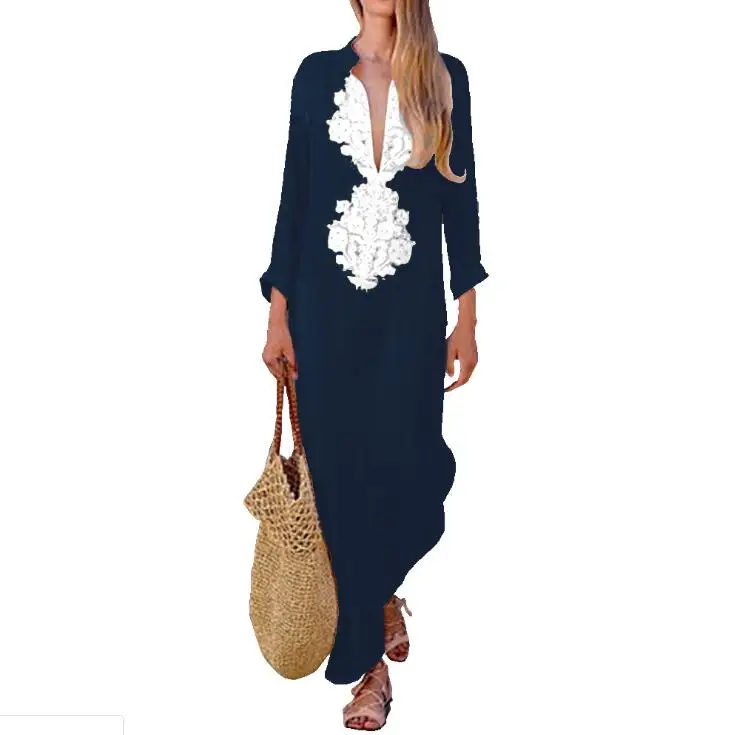 

2020 New Model Autumn Long Sleeve Pure Color Women Cloth Deep V-neck Plus Size Casual Dresses, As pictures