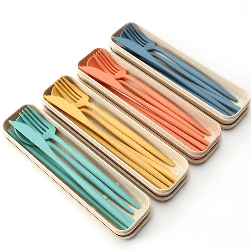 

Portable Travel 4pcs Wheat Straw Cutlery Set Spoon Knife Fork Chopsticks Set Reusable Plastic Flatware With Box, Light green/beige/pink/dark blue/light green/light blue/orange