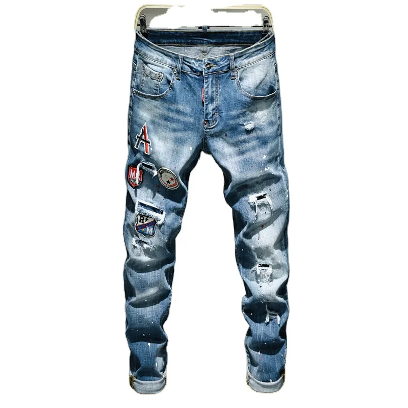

Mens Destroyed Jeans With Patches Fashion Hi Street Ripped Denim Trousers Stretchy Distressed Jean Pants Washed Blue, Picture color
