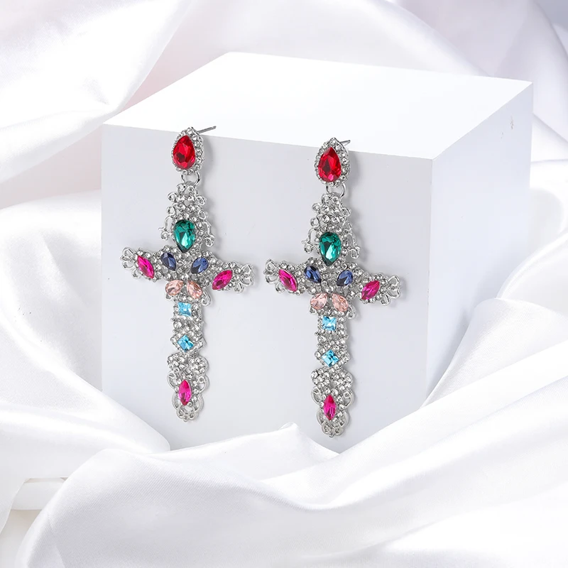 

HOVANCI New Trendy Women Party Jewelry Elegant Long Style Gold Plated Alloy Colorful Shiny Cubic Zirconia Cross Dangle Earrings, As picture