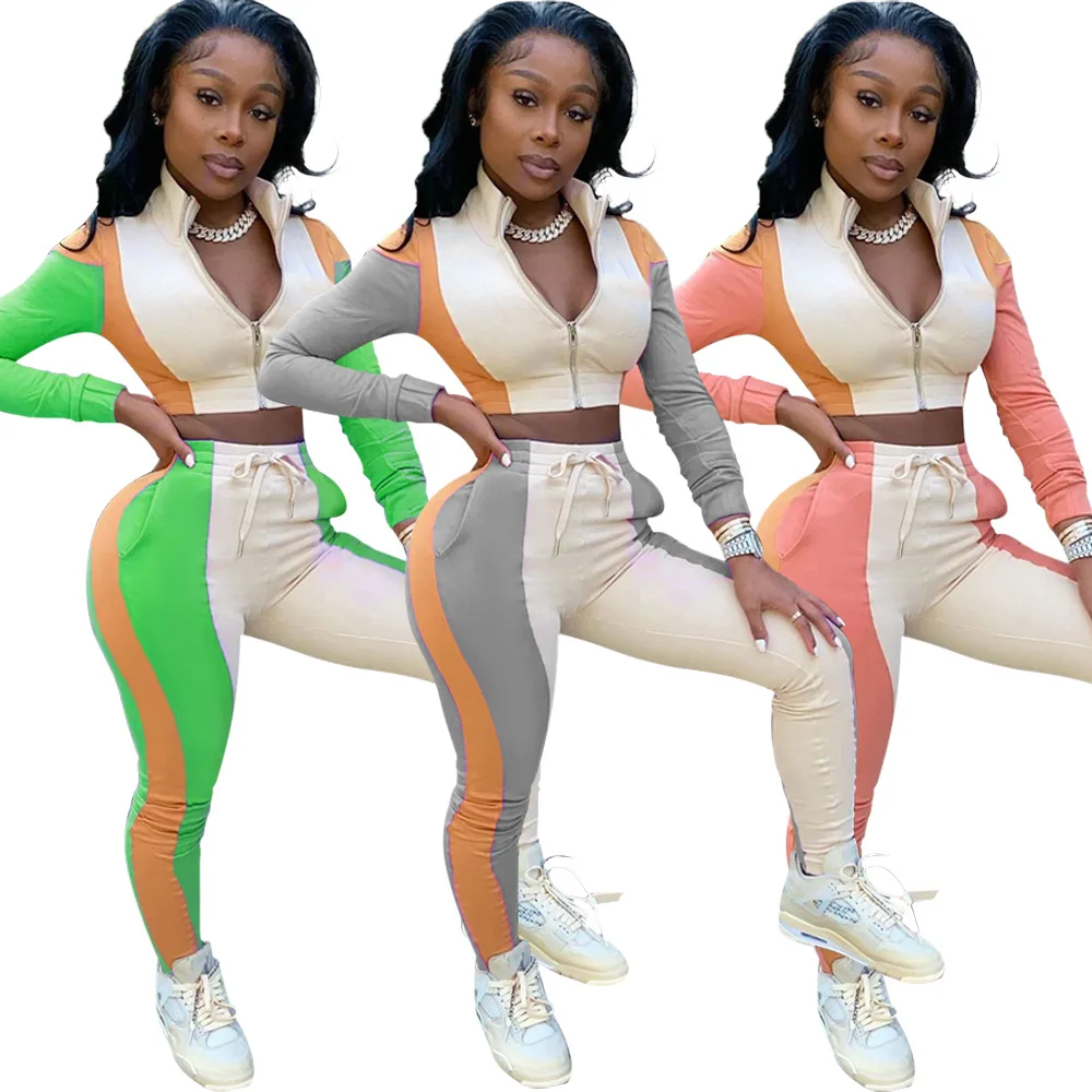 

2020 European and American fashion autumn and winter stitching zipper sports suit comfortable casual wear, 3 colors