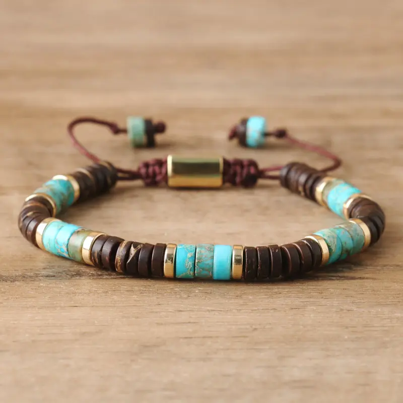 Bohemian 2x4mm Turquoise Jasper Bracelet for Women Men Coconut Husk Beaded Yoga Healing Minimalist Natural Stone Bracelet