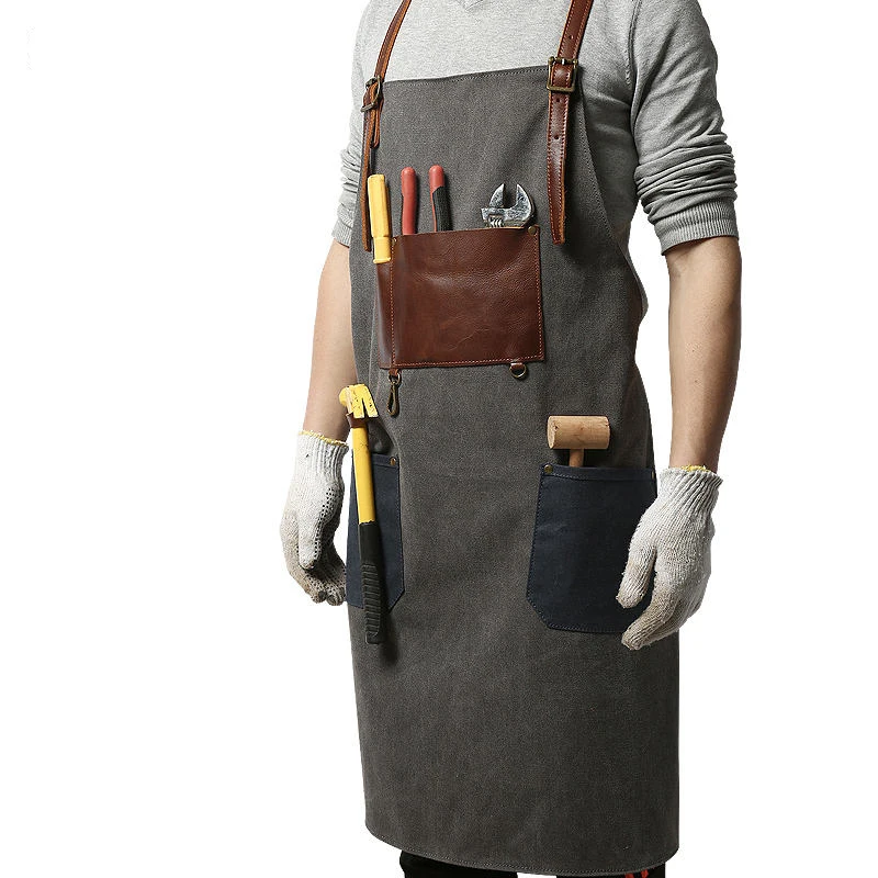 Image of Bests Selling Handmade Canvas Leather Apron Waterproof Aprons For Sale Shop Home Barber Cape Garden Apron With Pockets