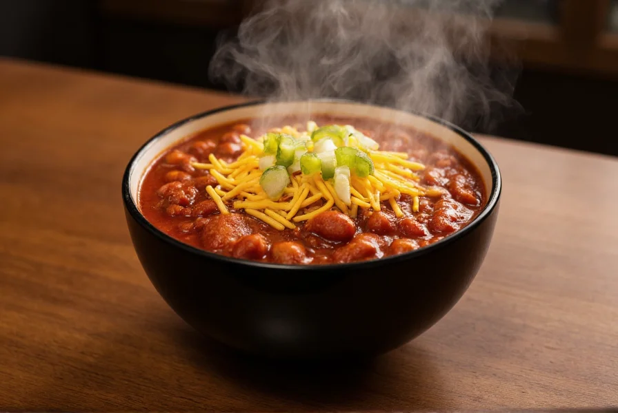 Bowl of rich red chili with steam rising, topped with shredded cheddar cheese and fresh chopped onions on a wooden table