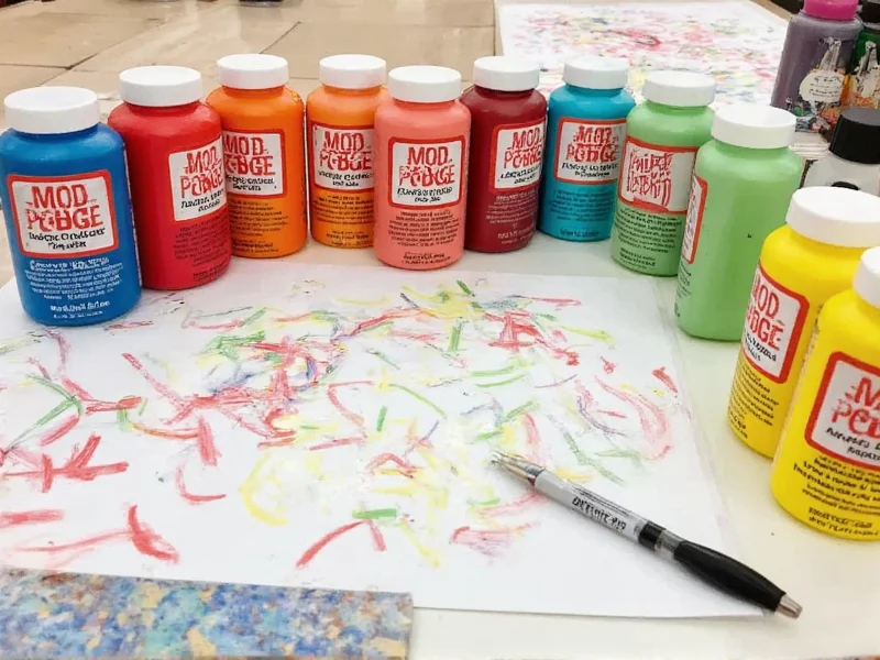 Mod Podge bottle varieties on craft table