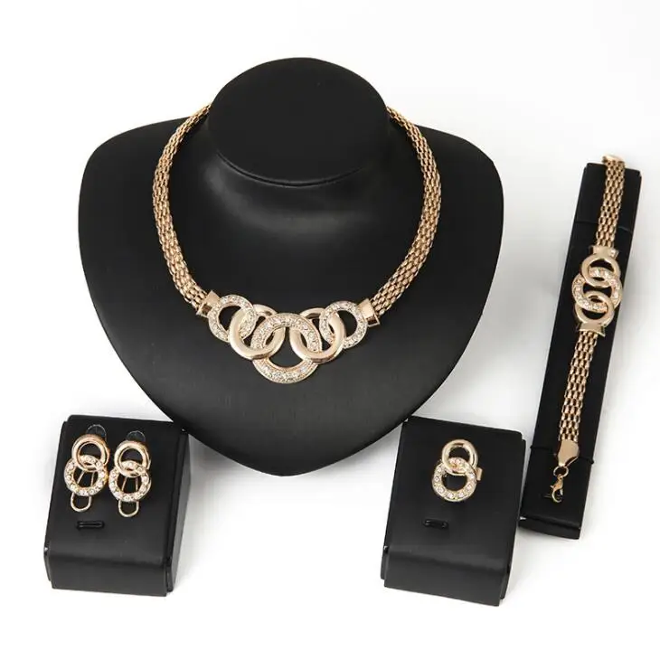 

European Style Necklace Bracelet Earrings Ring Jewelry Sets Gold Plated Alloy Jewelry Set Elegant Crystal Jewelry Set