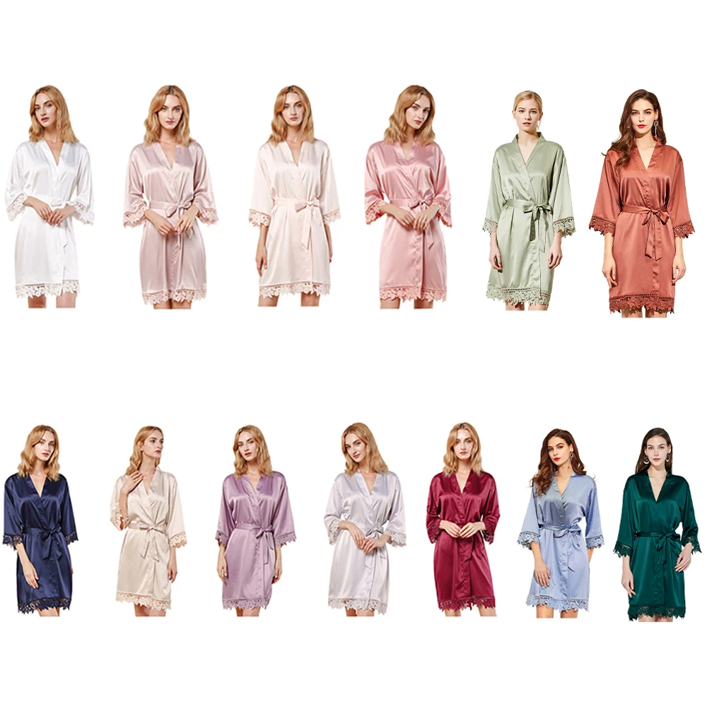 

FUNG 3031 High Quality Fabric Women Satin Lace Robe Kimono Robes Bridesmaid Robes, Many colors card avavilable choosing or dye