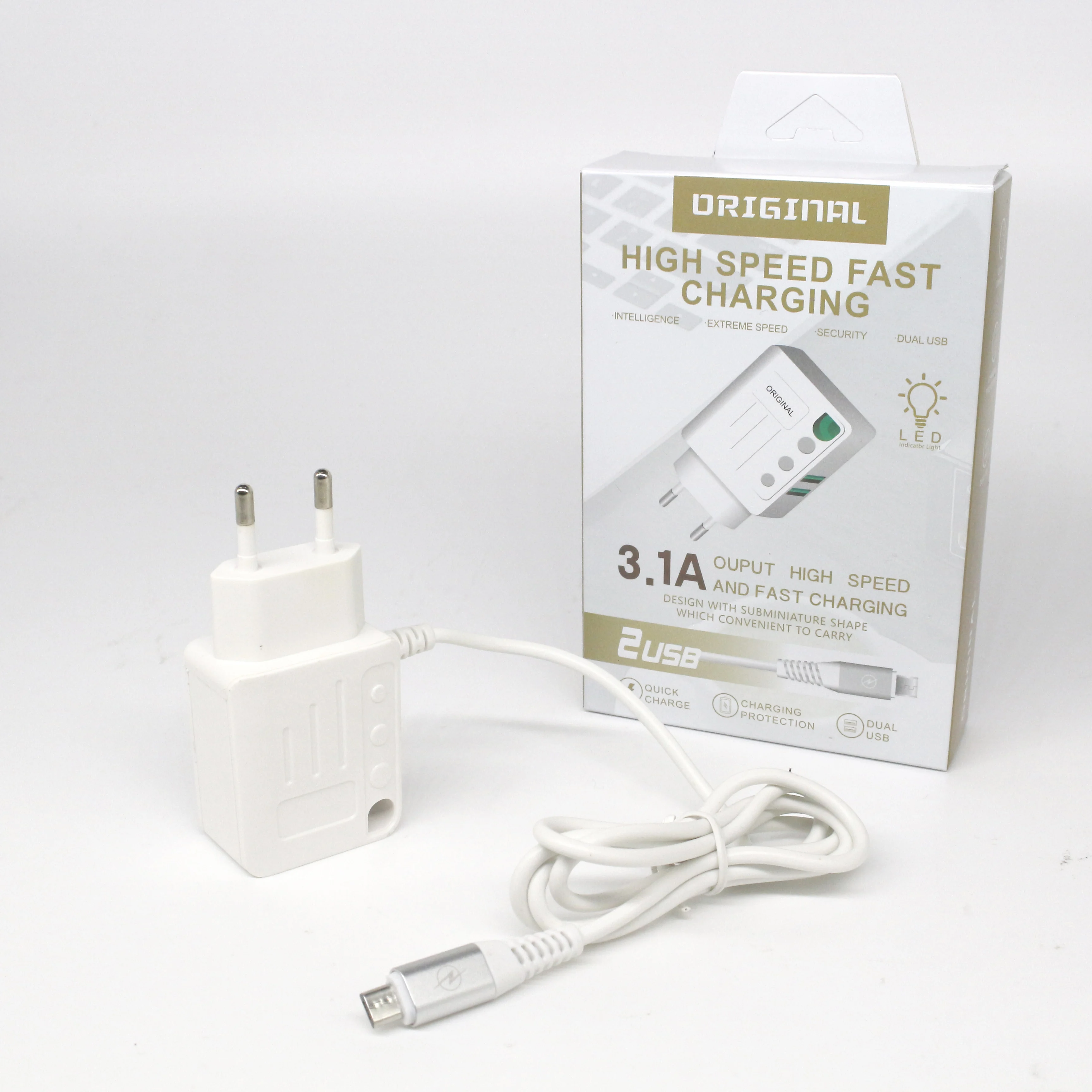 

Factory direct sale discount US/EU mobile phone 5W/10W portable travel charger set with built-in cable, White