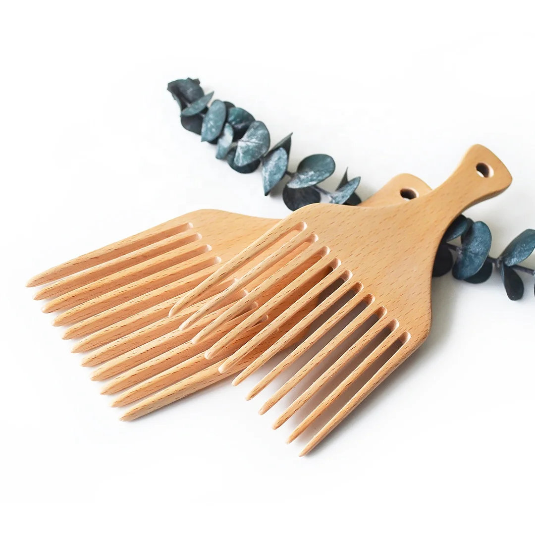 

Hot Selling Custom Logo Biodegradable Wooden Wide Tooth Afro Hair Pick Comb