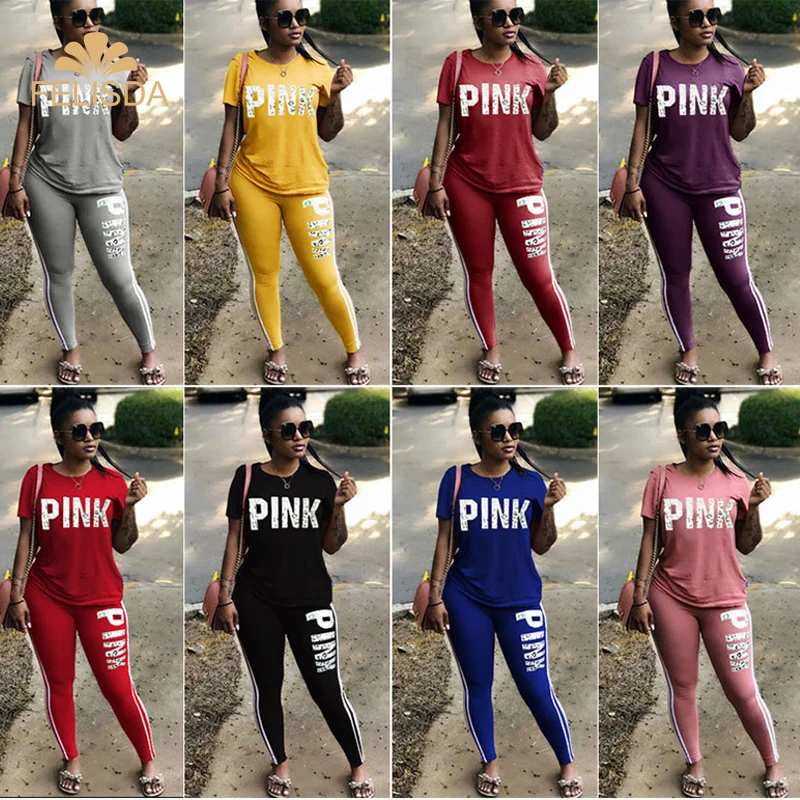 

Pink Letter Print Sweatsuit Women Set Plus Size Set Short Sleeve Tops Skinny Pant Two Piece Tracksuit Fall Casual 2 Piece Set