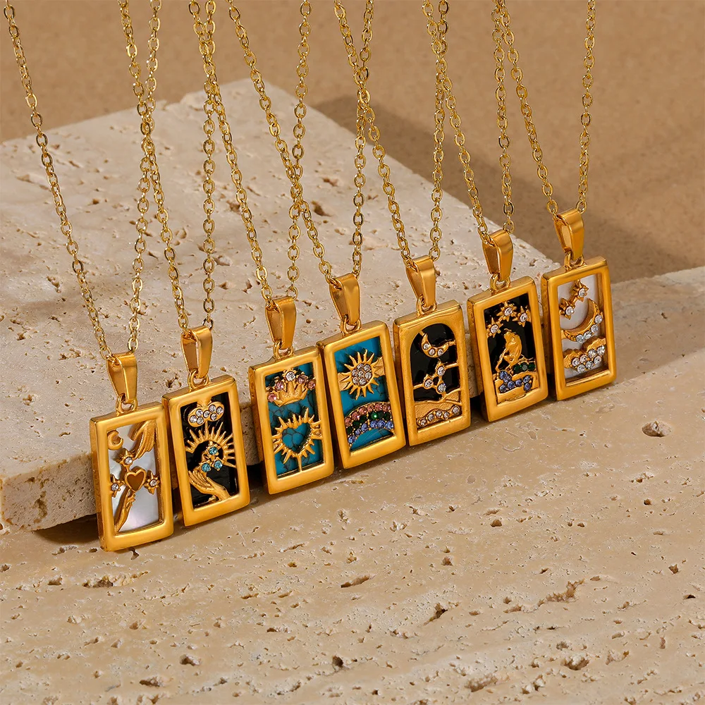 

Trendy Square Colorful Enamel Zircon Tarot Cards Pendant Necklace 18K Gold Plated Stainless Steel Necklaces For Women