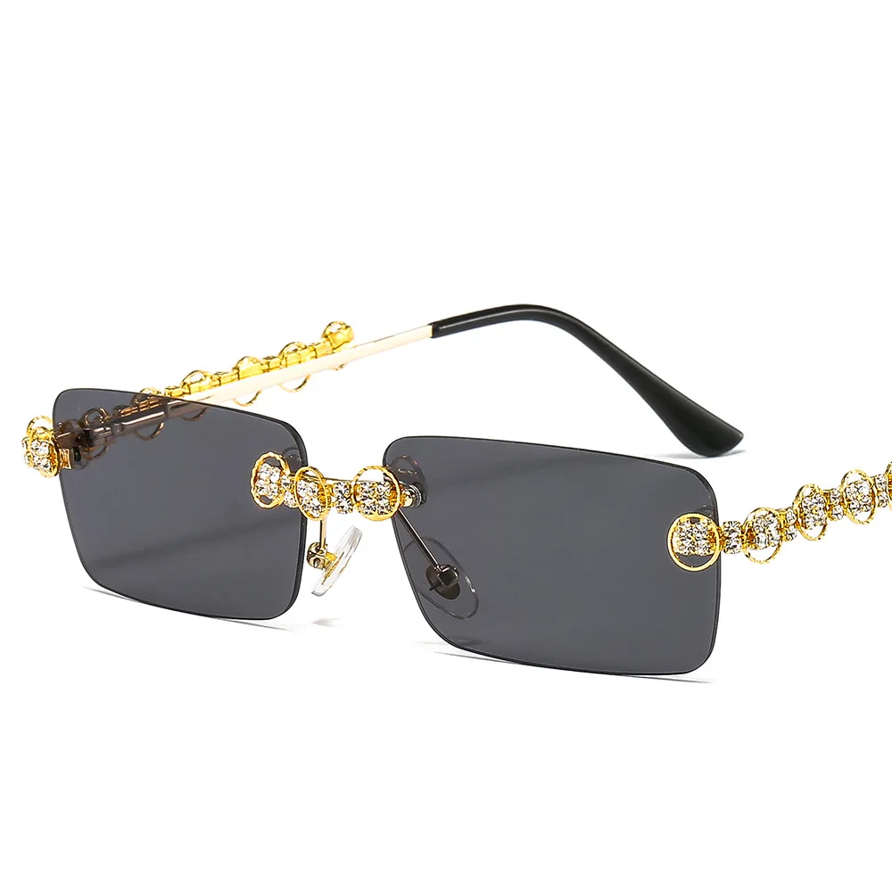 

DCOPTICAL 2021 Special Designer Rimless Rectangle Bling Diamond Metal Ring Arms Transparent Lens Women Fashion Sunglasses
