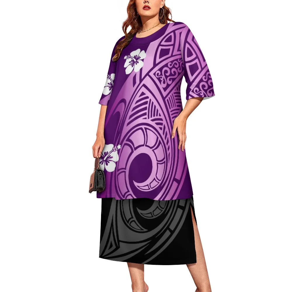 

High Quality Polynesian Samoan Tribal Printed Women's Dresses Custom Women's Puletasi Big Size Vintage 2 Piece Dresses, Customized color