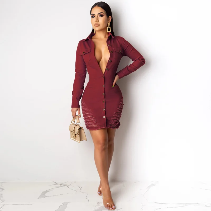 Gx9427 Wholesale Fashion Long Sleeve Ladies Clothing Dress Ripped Denim Women Jeans Dresses 