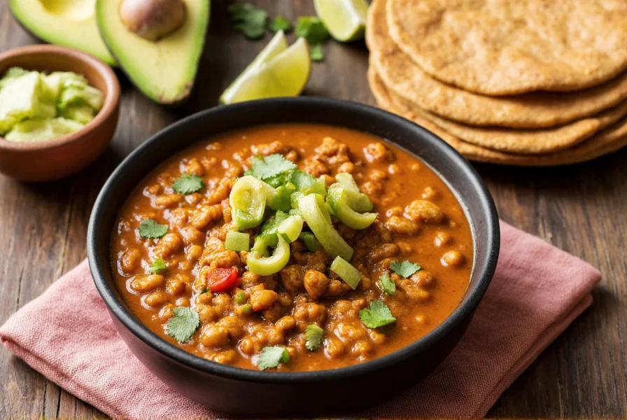 Chicken chili verde served in bowl with tortillas, avocado slices, and lime wedges on rustic table