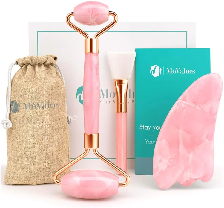 

2021 Amovol Gua Sha Face Roller Facial Beauty Roller Skin Care Tools Rose Quartz Facial Massager Roller, Pink