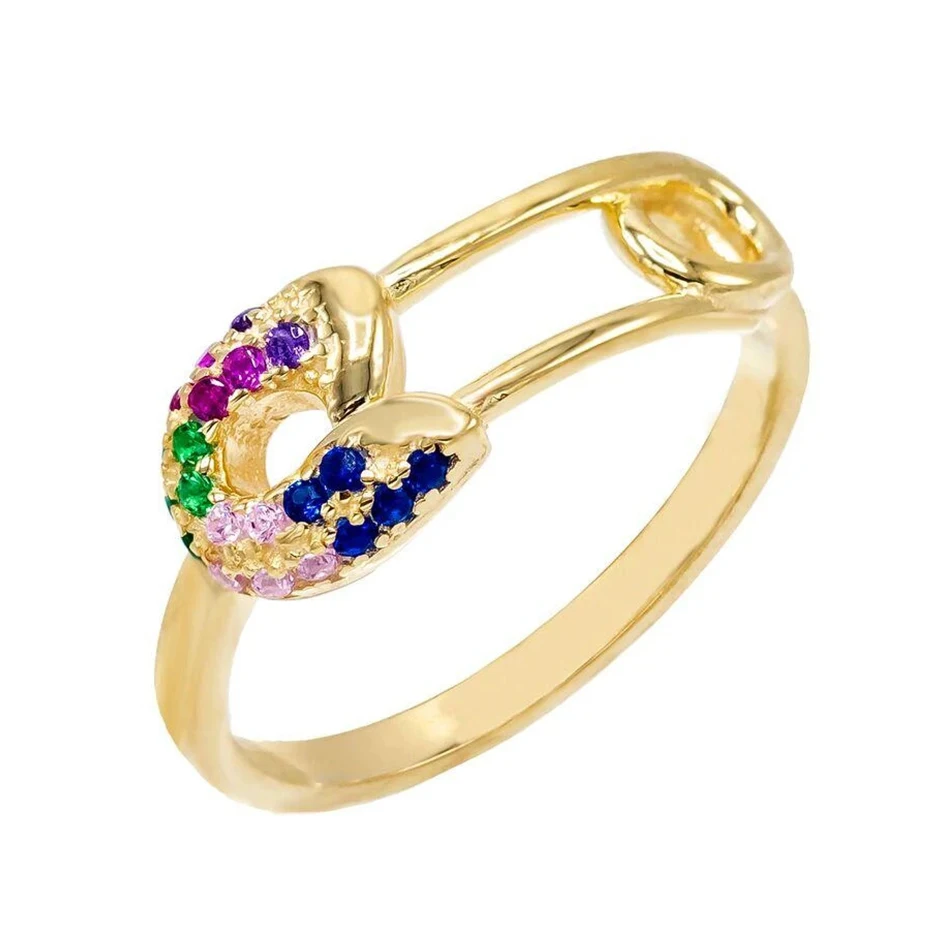 

925 Sterling Silver 18k Gold Plated Multi Colorful Cubic Zircon Safety Pin Ring For Woman