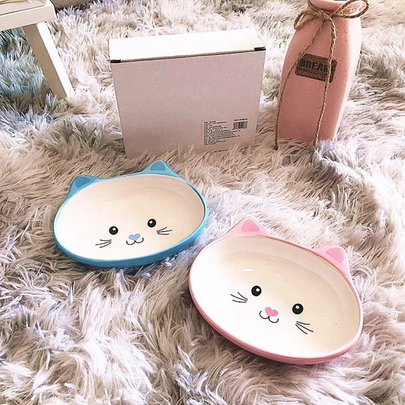 

Creative Cat Face Round Ceramic Pet Bowl Dog Pot Pet Drinking Bowl, Blue