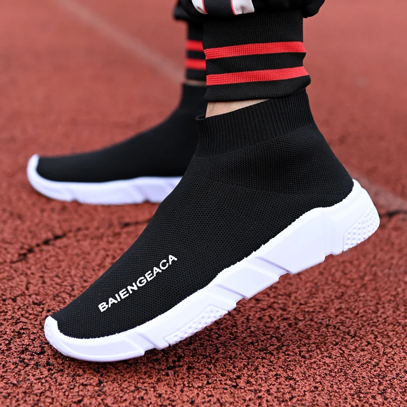 Knitted Upper Men Shoe Casual Slipon Shoes High Ankle Running Boots