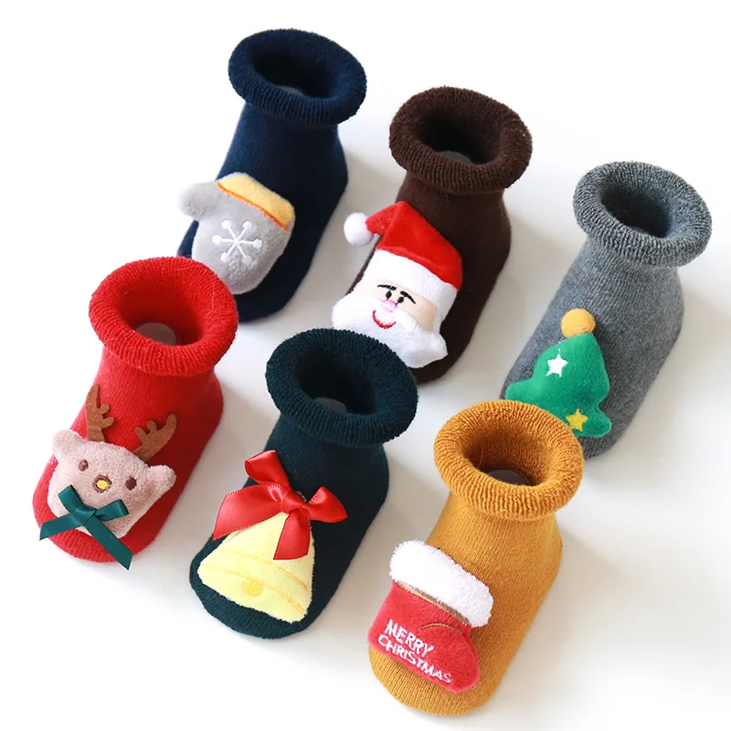 

JULY'S SONG Combed Cotton Baby Christmas Socks Thick Anti-slip Floor Socks Winter Cartoon Terry Infant Baby Socks, Red, coffee, dark grey, yellow, dark green, navy blue