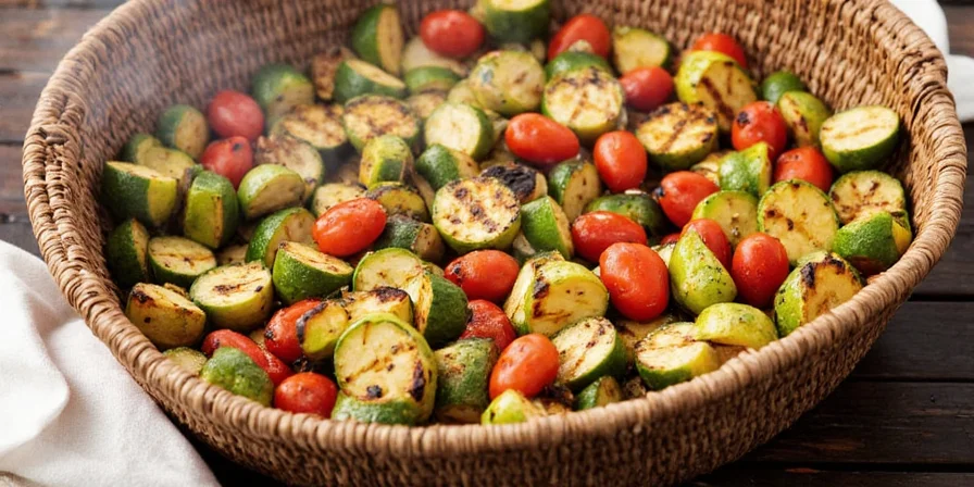 Close-up of a stainless steel grill basket with mixed vegetables inside