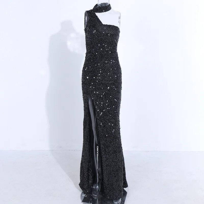 

Slit One Shoulder Black Elegant Dress Maxi Mermaid Party Club Sequins Wholesale Luxury Formal Women Evening dress for women