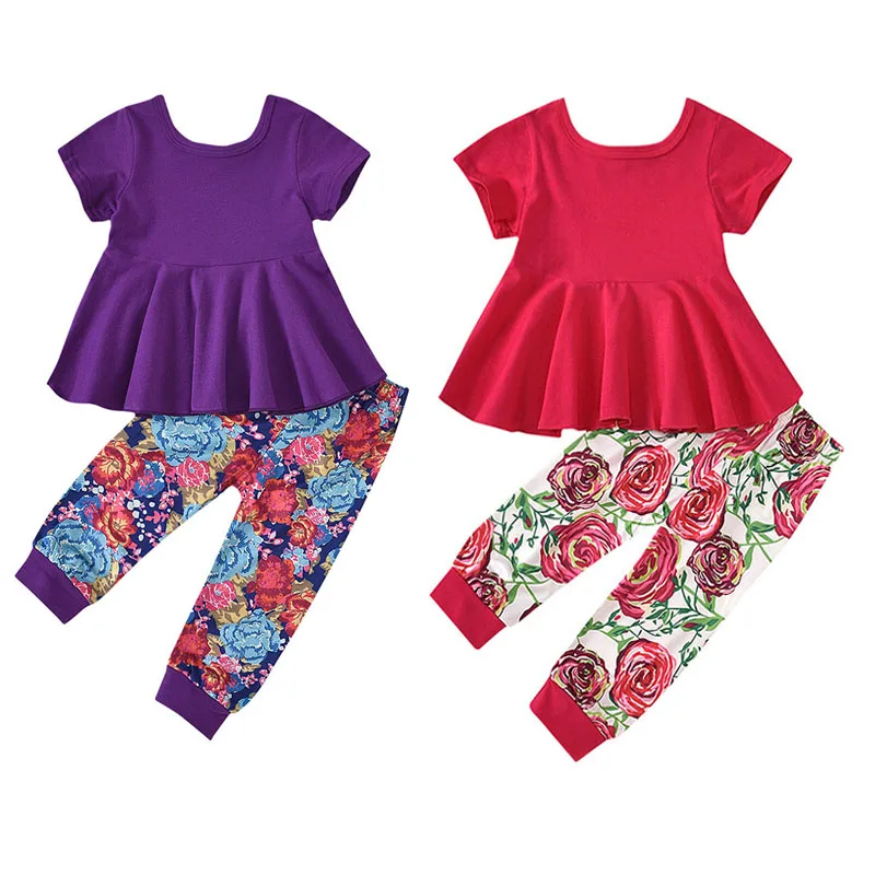 

Wholesale summer short sleeve plain top floral print legging fashion infant girls outfit set with headband, As picture show
