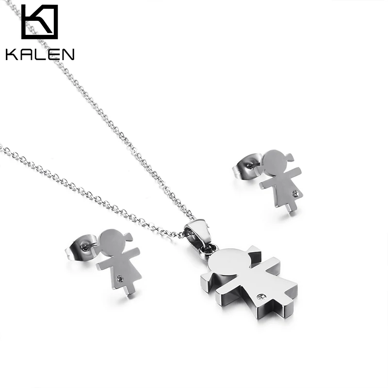 

2020 Wholesale Wedding Bride Stainless Steel Jewelry Set Character Pendant Necklace Earring Set, Gold,sliver