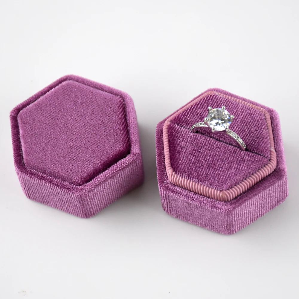 

Elegant Luxury Hexagon Violet Purple Velvet Suede Ring Box Jewllery Packaging Wedding Ring Display Package Boxes, Customized