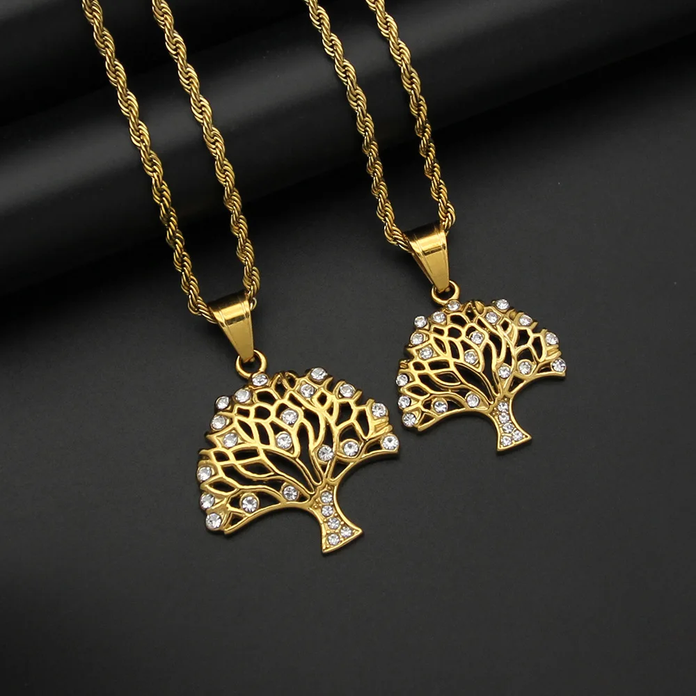 

Luxury Creative Design 18K Gold Plated Cubic Zircon Life Tree Necklaces 316L Stainless Steel Diamond Tree Of Life Necklace