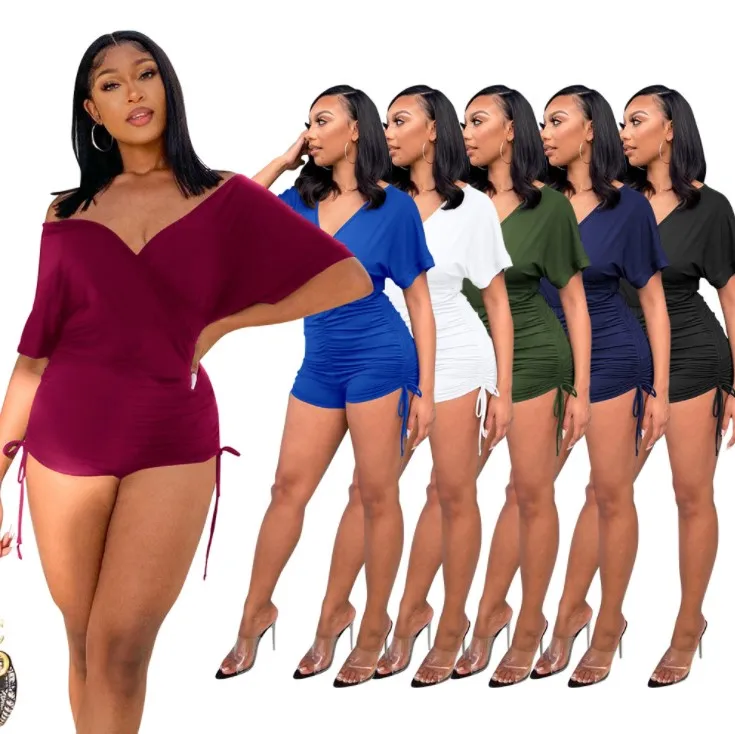 

GX8047 Wholesale sexy summer ladies 2021 women romper drawstring pleated bat short sleeve V neck jumpsuit, Solid