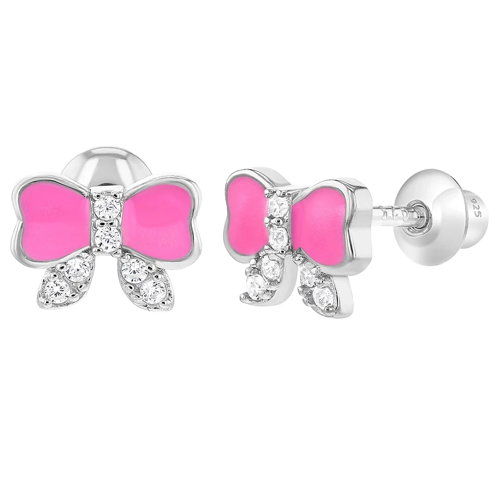 

Bowknot Pink Enamel Screw Back Baby Stud 925 Sterling Silver Children's Stud Earrings