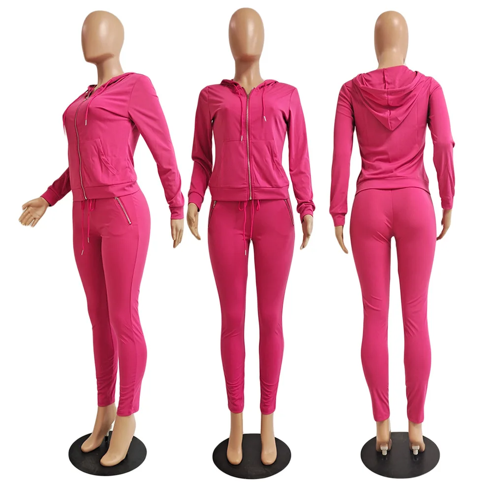 Custom Slim Women Sweatsuit Set Tracksuit Zip Up Fall Jogging Hoodie Set Solid Joggers Two Piece 