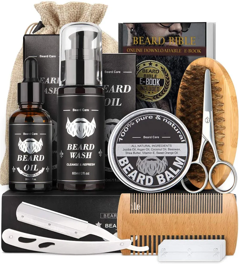 

Men Gift Set Beard Care Oil Products Wash Shampoo Conditioner Serum Balm Grow Grooming Brush Comb Beard Growth Kit