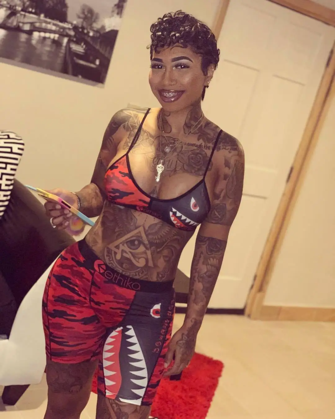 

Summer Camouflage Shark Printed Low-Cut Camisole Shorts Set For Women Sexy, Red