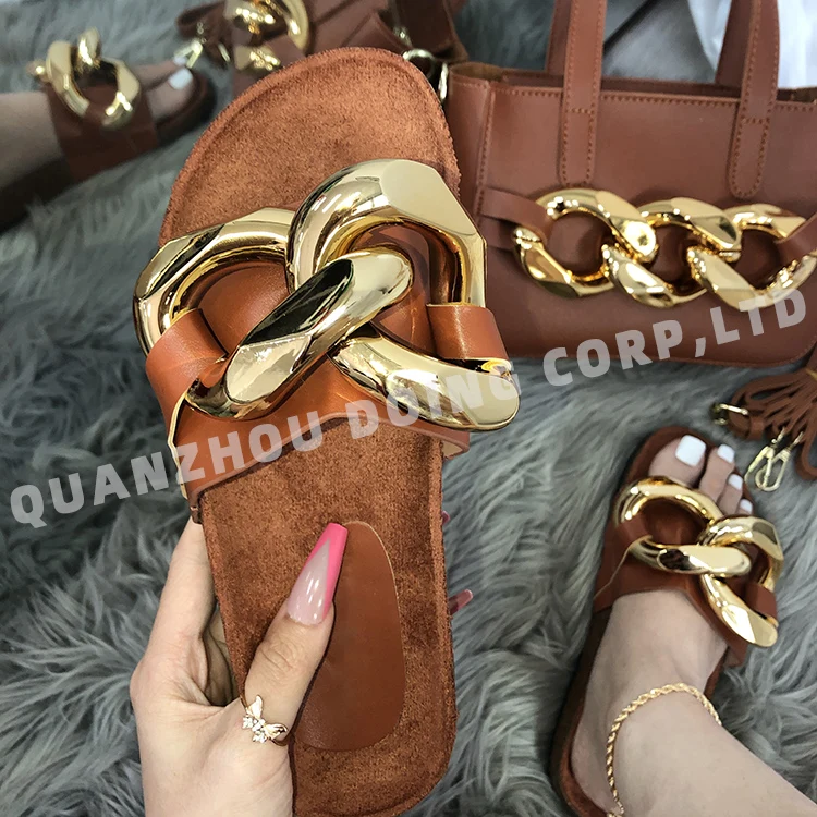 

2021 lady handbag bag and slippers metal chain set matching sandals slide slippers and purse bags set women, All color available