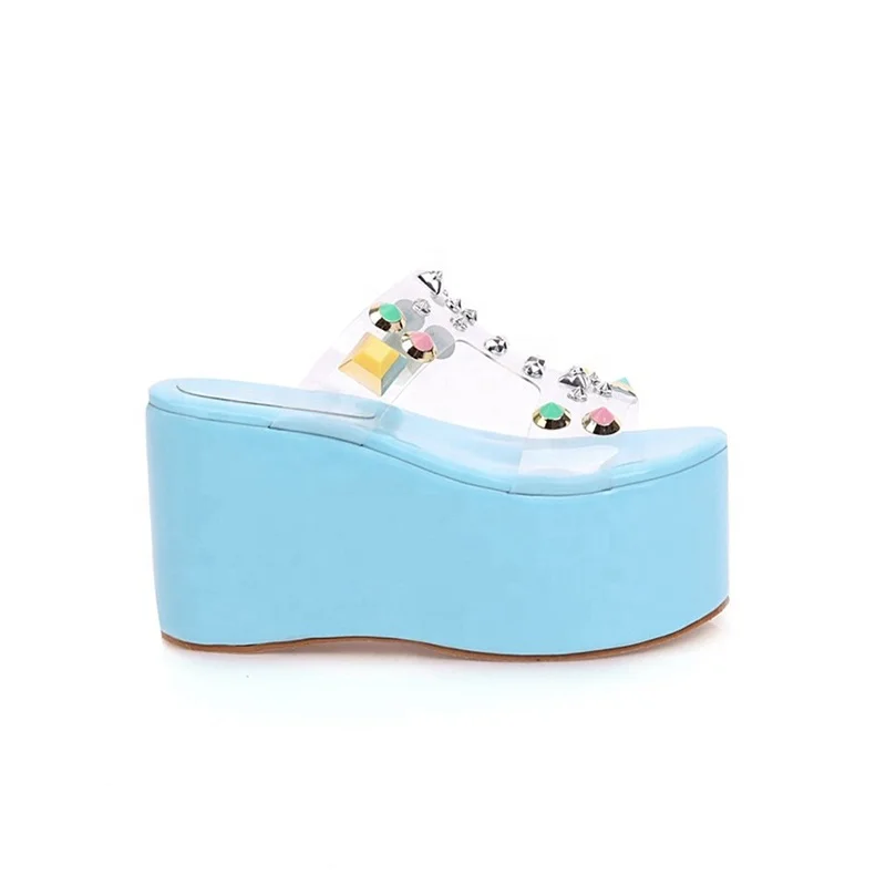 

2020 New PVC Jelly Outdoor Stiletto High Heels Wedges Color Rivets Sandals Slippers Women's Shoes, Blue yellow customzied