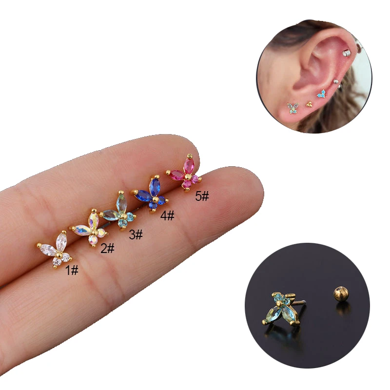 

Stainless Steel AB Color Cubic Zircon Opal Stud Earring Cartilage Huggie Earrings Ear Bone Clip Butterfly Body Piercing Jewelry