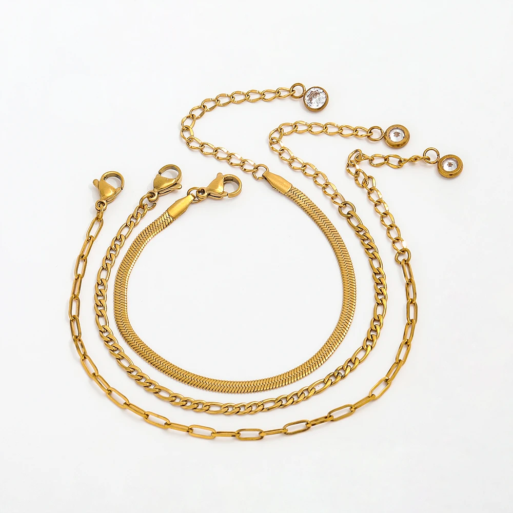 High End Gold Plated Stainless Steel Snake Paper Clip Figaro Chain 3 Pcs/set Bracelet for Women Wholesale Jewelry