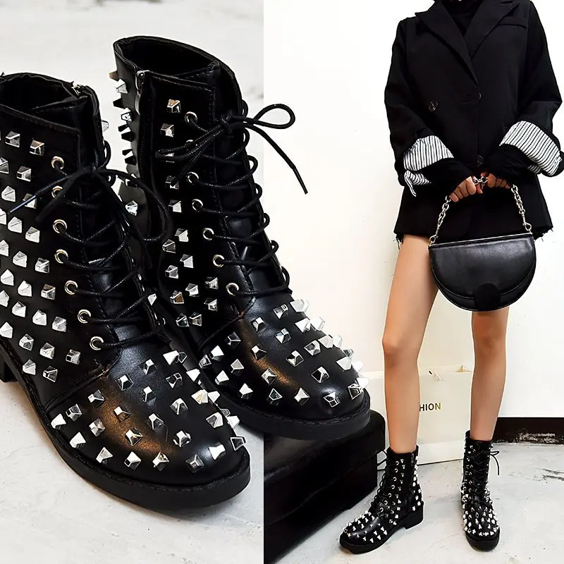

Winter Punk Rivet Boots Women Round Head Toe Leather Booties Studded Thick Low Heels Chelsea Ankle Boots Plush Botas De Mujer, Black